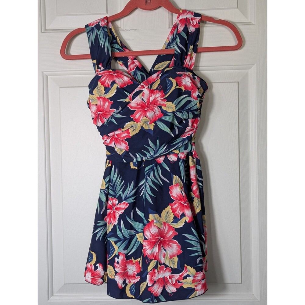 Cocopear One Piece Swimdress Womens Small Navy Red Hawaiian Built-in Bra Shorts